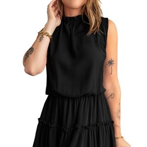 Black Sleeveless V Neck Ruffled Swing Mini Dress